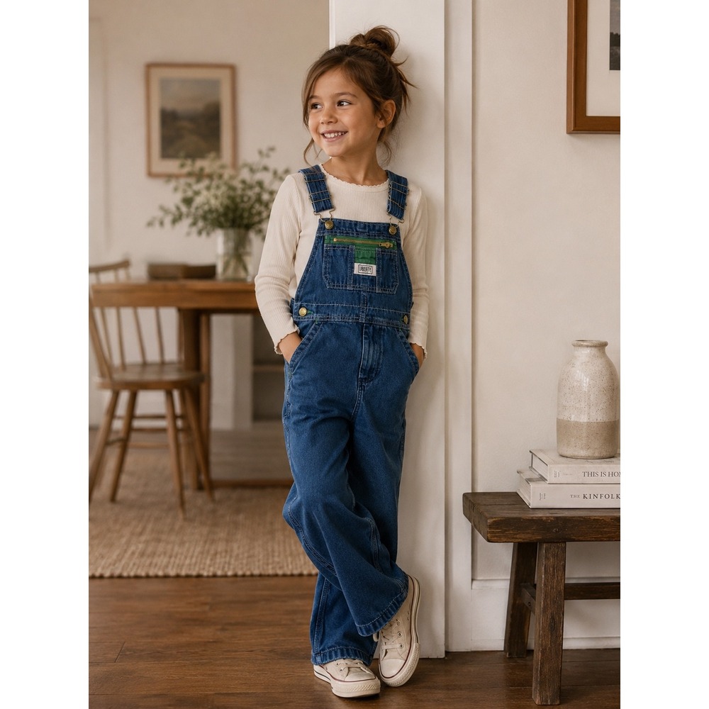 Liberty Kids Blue Denim Bib Overalls Medium Wash Green Accent Size 6R Farmcore